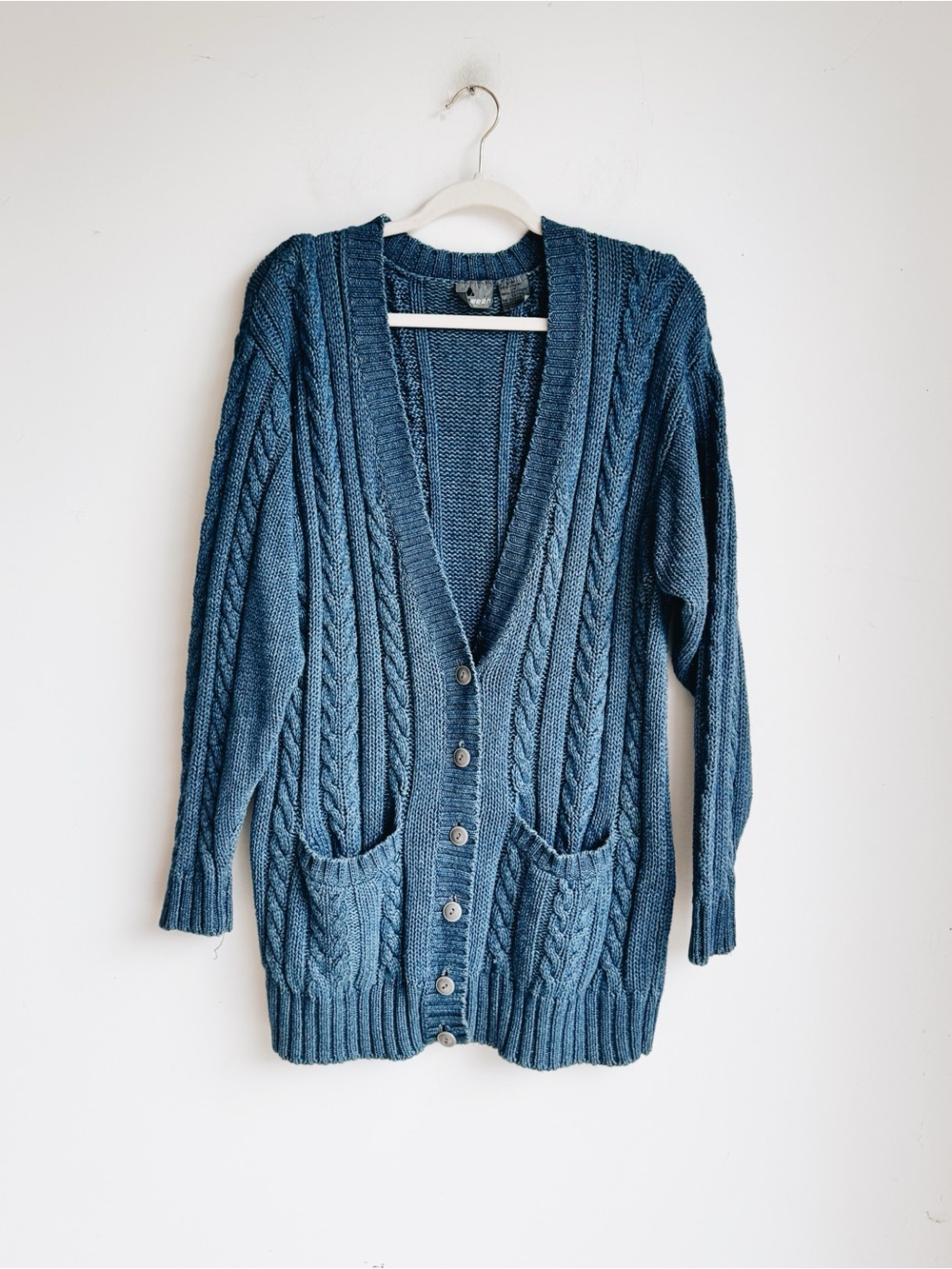 Vintage Lizwear Blue Cable Knit Linen Cotton Long Cardigan Sweater M - Picture 6 of 7